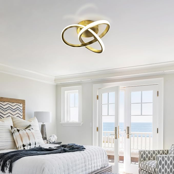 10 Inch Modern Ceiling Light, 24W LED Dimmable Ceiling Light with Remote Control, 3000-6000K Color Temperature Adjustable, Gold Small Chandelier for Bedroom, Entryway, Hallway, Kitchen
