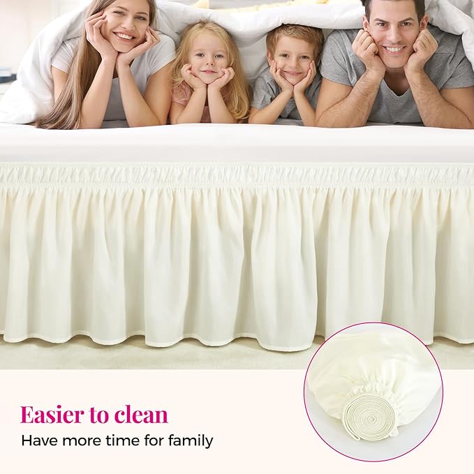 RIMELA Cream Queen Bed Skirt 18 Inch Drop, Wrap Around Elastic Bed Skirts Queen Size Dust Ruffle, Bedskirt for Adjustable Bed Base Solid Fade Resistant Silky Fabric Machine Washable