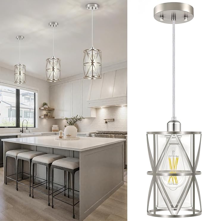 5.4"×7.9" Pendant Lights Kitchen Island with Clear Glass, Brushed Nickel Pendant Lights, Cylindrical Modern Kitchen Light Fixtures, Pendant Light Over Island, Foyer, Dining Room, Entryway