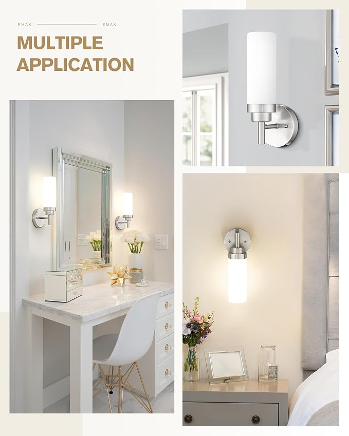 Emak Brushed Nickel Sconces Wall Lighting, Modern Vanity Lights with Milk Glass Shade, Wall Sconce for Bathroom, Bedroom, Living Room, Hallway, WS085-BN-ML-2PK