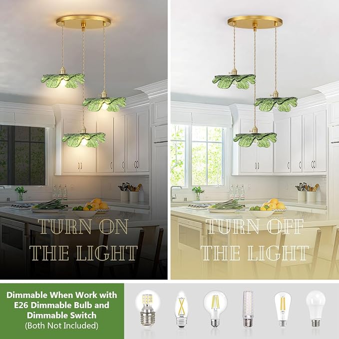 Vintage Cluster Pendant Light 3-Light Green Flush Mount Chandelier | Green Flower Glass Hanging Ceiling Light, Brass Gold E26, Adjustable 59" , Mid Century Modern, Dining Room Kitchen Farmhouse