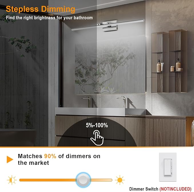 LED Bathroom Vanity Light, Modern Bathroom Light Fixture Over Mirror (3000K/4000K/6000K, Dimmable), Vanity Light Bar with Angle Adjustable, 40 Inch, Chrome