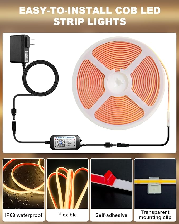 21FT COB Led Outdoor Strip Lights Waterproof IP68 | 24V 2700K Warm White Outdoor Led Strip with APP and Remote Control, Suitable for Eaves, Garden, Pool, Terrace, Bathroom