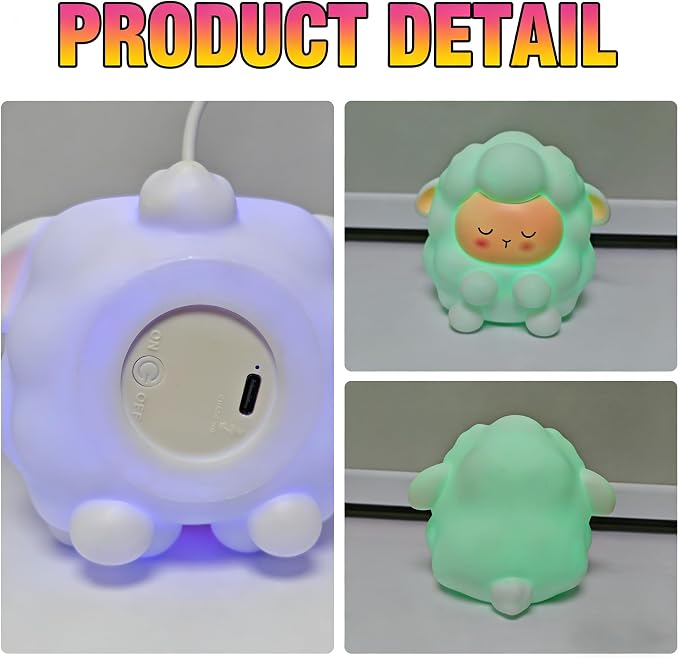 Rechargeable Sheep Night Light for Kids Gift, Soft Silicone Touch LED Lamp, 7 RGB Colors Changing with 3 Adjustable Brightness, Cute Animal Nursery Bedside Nightlight