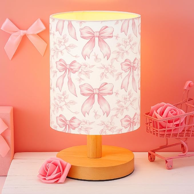 Flora Bow Kids Table Lamp for Bedroom Kids Bedside Lamp with Linen Wooden Nightstand Cartoon Nursery Lampshade for Girls Boys Living Room