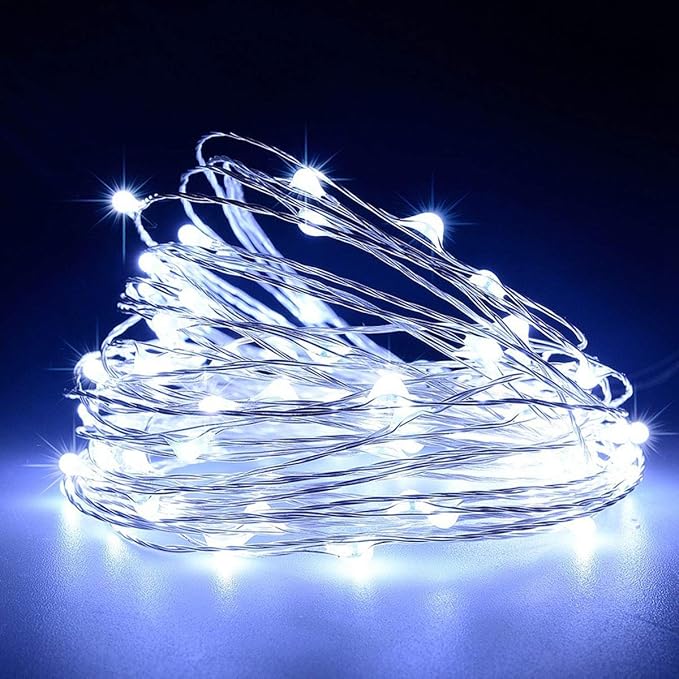 WSgift Christmas 4 Pack 33Ft 100 Cool White Led Fairy Lights Battery Operated with Remote Control Timer Waterproof Silver Copper Wire Twinkle Lights