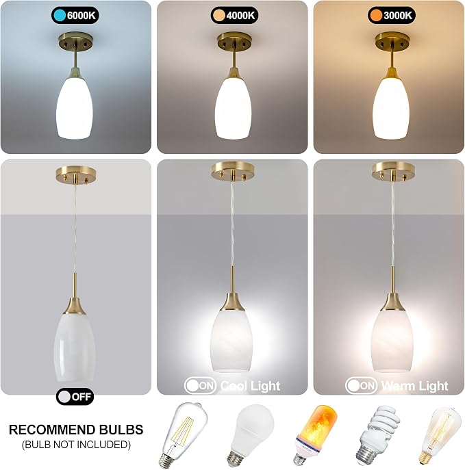 Viinew 4.72" Glass Pendant Light,3-Pack White Oval Glass Hanging Light | Handblown White Swirl Hanging Pendant Lamp Mini Art Glass Chandelier for Kitchen Dining Room Brushed Gold