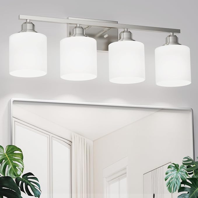 4-Light Bathroom Light Fixtures Over Mirror, Glass Shade & Anti-Rust Nickel Finished,Brushed Nickel Vanity Lights, Modern Bathroom Vanity Light, Bathroom Light for Small Space