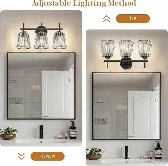 Crystal Bathroom Light Fixtures Over Mirror, Black 3-Light Bathroom Vanity Lights Over Mirror Modern Wall Lighting Sconces with Ceramic E26 Base (Bulbs Not Include)