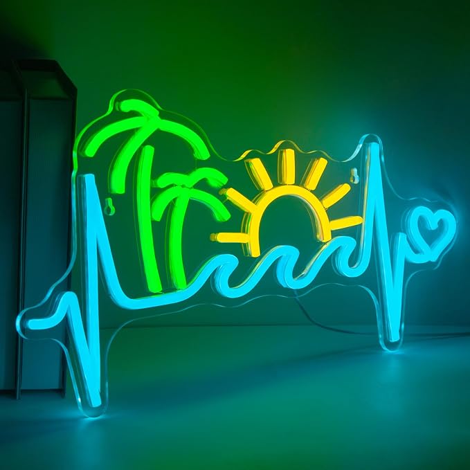 Sunset Neon Sign Dimmable Tropical Neon Light Tiki Bar Living Room Decor | Dimmable Ocean Wave and Palm Tree Theme Decor for Bedroom Patio Bar Party Beach House Tropical Style and Summer Gift Ideas