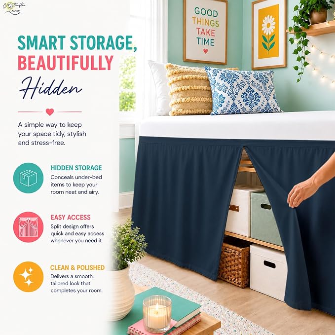 Cottington Lane Tailored Box Pleated College Dorm Bed Skirt Twin XL, Hotel Quality Premium Brushed Microfiber Extra Long Bedskirt Twin XL 25 Inch Drop, Navy Blue Dorm Bedding
