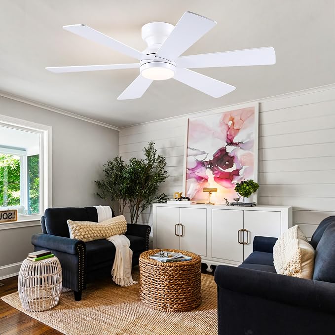 Asyko 46"White 6-Blade Modern Low Profile Ceiling Fan with Light and Remote | 6 Double-Sided Blades,6 Wind Speeds, Reversible,Dimmable 3 CCT LED Light, 25W Quiet DC Motor,1/2H Timer,for Bedroom Kitchen