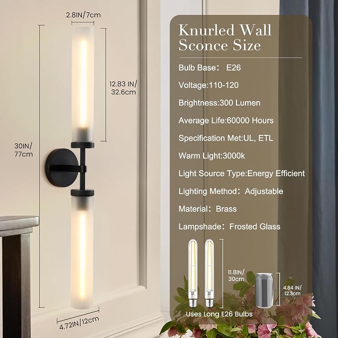 30" 2 Lights Hardwired Frosted Glass 2 PC Bathroom Wall Sconces, Handmade Knurled Black Wall Light Fixture,Modern Vanity Light for Living Room,Hallway, Bedroom, Indoor Sconces