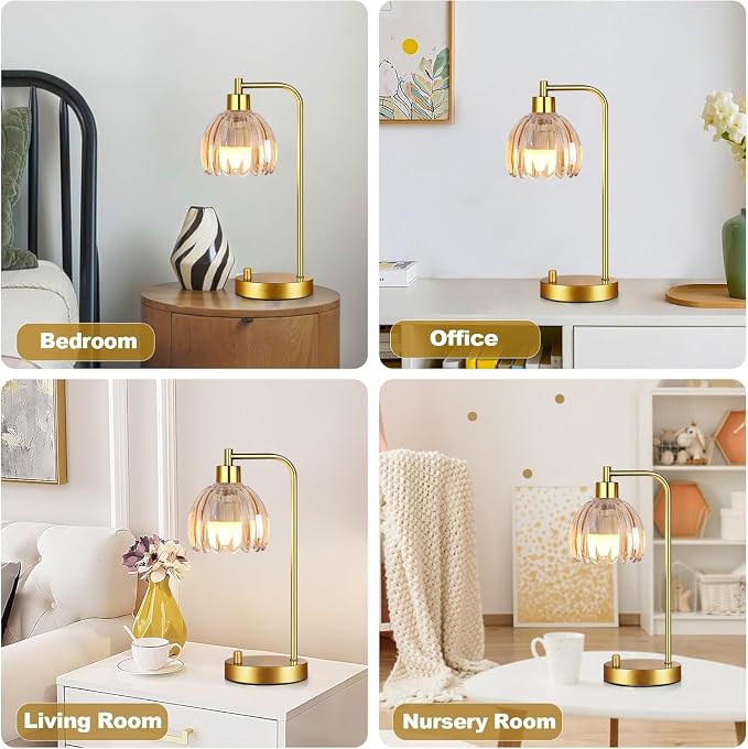 ILLMTW Glass Table Lamp Set of 2,Small Gold Bedside Lamps Dimmable Boho Bedroom Lamp with Tulip Flower Amber Lamp Shade,Vintage Mid Century Modern Mini Nightstand Lamp for Bedroom Living Room