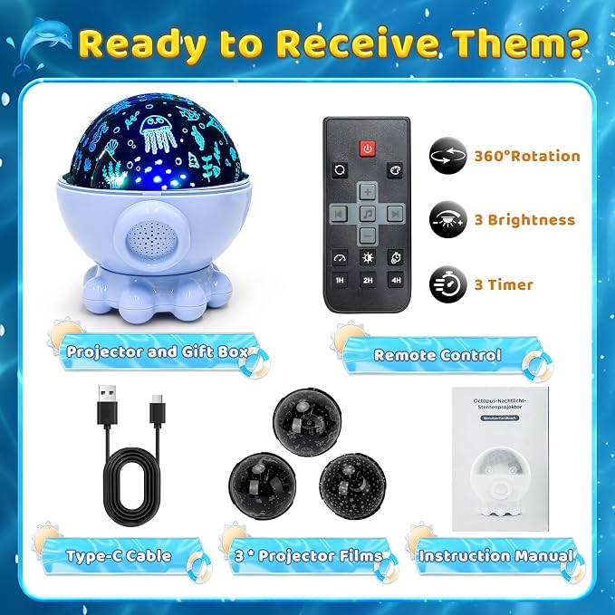 Cute Octopus Night Light Projector,17 Light Modes Ocean Star Projector with 360° Rotation, 3 Projection Films and 9 Lullaby Songs,Night Lamp with Remote and Timer,Gifts for Family and Friends (Blue)