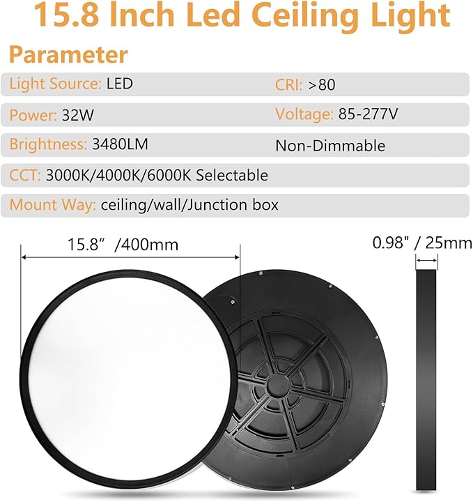 2PK 15.8 Inch Led Ceiling Light Flush Mount, 32W, 3480LM, 3000K/4000K/6000K CCT Selectable Super Slim LED Ceiling Light, Low Profile Round Flat Panel Fixture for Hallway, Bedroom,Kitchen ect