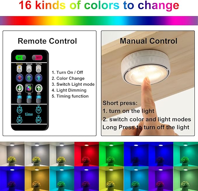 Onumii LED Puck Lights with Remote Control, Battery Operated Under Cabinet Lighting, Wireless Stick-On Color Changing Timer Lights for Kitchen Cabinets, Closets, Shelves - 2 Pack, White