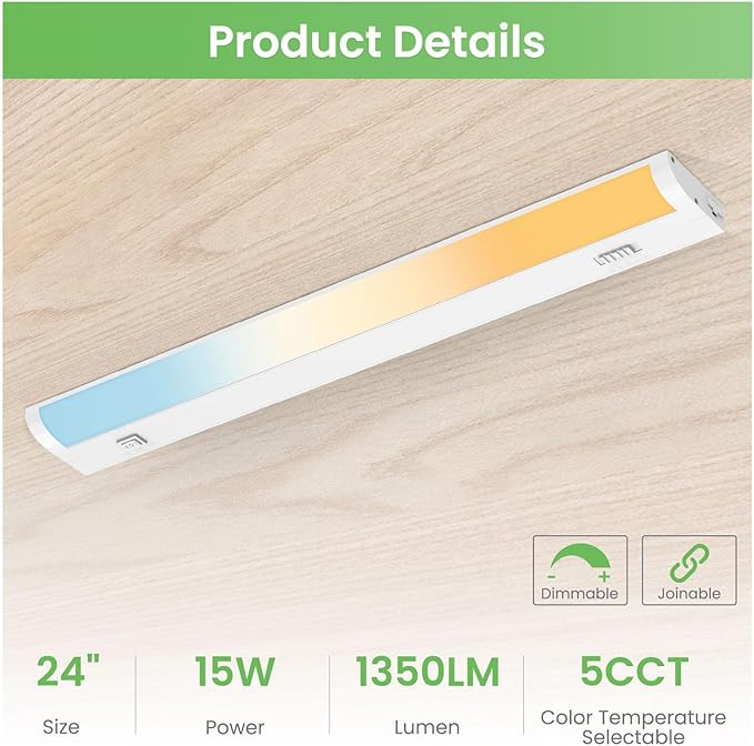 Under Cabinet LED Lights 24 Inch 15W 1350LM, 5 Color Temperature 2700K/3000K/3500K/4000K/5000K Dimmable Under Counter Lights for Kitchen, Under Cabinet Light Fixture Interconnection up to 20 Lights