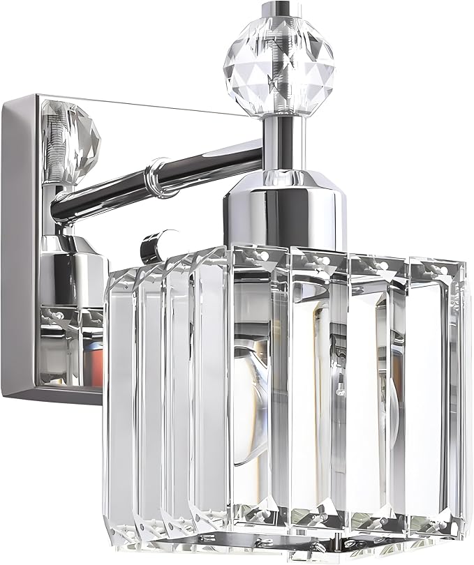 PRESDE 1-Light Bathroom Vanity Light, Modern Chrome Wall Sconce with Crystal Shade, Single Wall Lamp for Over Mirror Bedroom Hallway