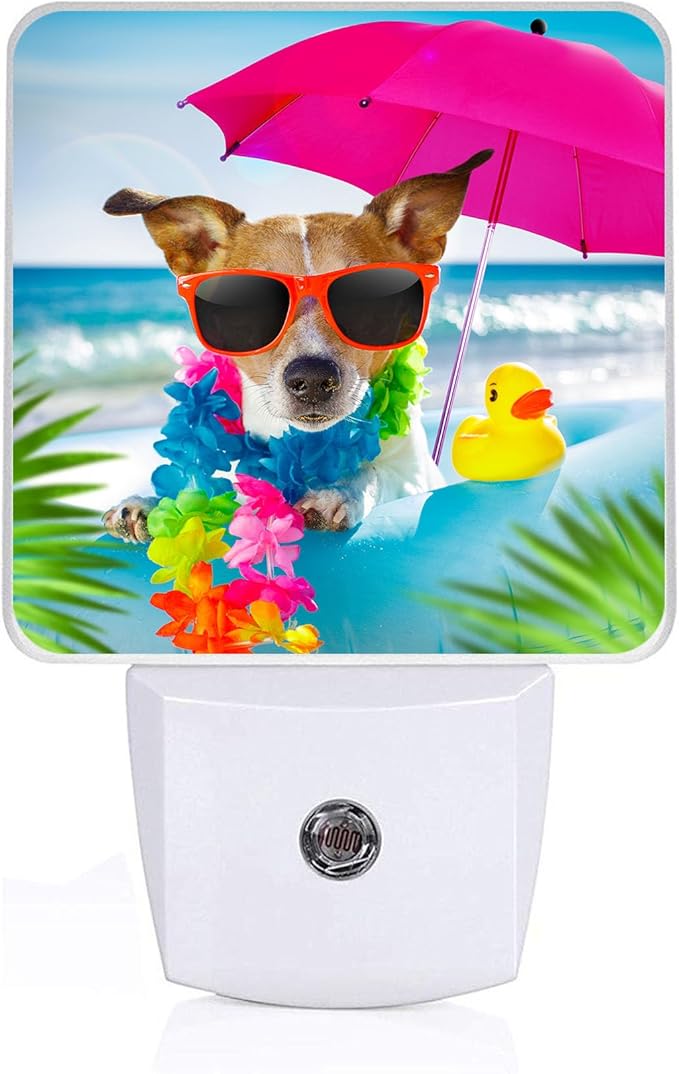 Cute Beach Dog Night Light, Plug-into Wall Nightlight Lamp with Dusk to Dawn Sensor, Led Lamp 0.5W Energy Efficient for Boys Girls Adults Home Decor
