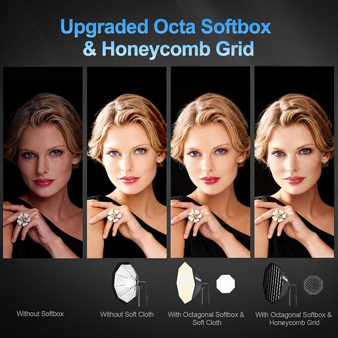 EMART Softbox Lighting Kit with Grid, 50W 20"x20" Soft Box for Photography | Pull Softbox, 3000K-6000K LED Bulb with Remote/APP Control, Photography Lighting for Video Recording,Streaming,Portrait 1Pack