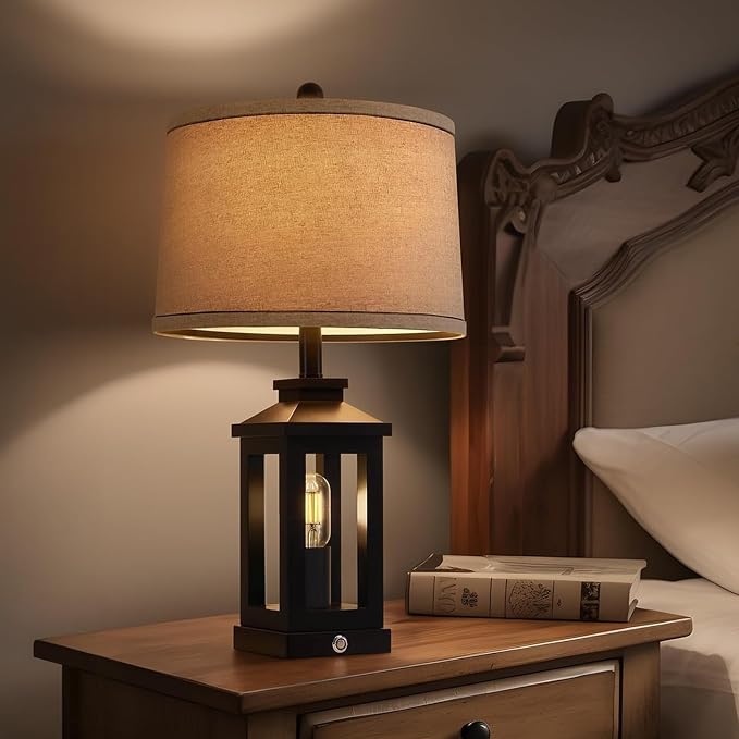 G-SAFAVA 23.75" Retro Farmhouse Black Table Lamp for Living Room Bedroom Nightstand Set of 2 Touch Control Bedside Nightlight Vintage Modern Lamp with USB C+A Ports and 2 Light Sources