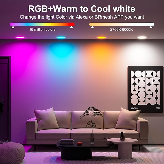 Smart Recessed Lighting 6 Inch RGBCW Color Changing 16W LED Recessed Ceiling Light with Junction Box,1350LM Canless LED Downlight Compatible with Alexa,Dimmable by Bluetooth Control,6 Pack