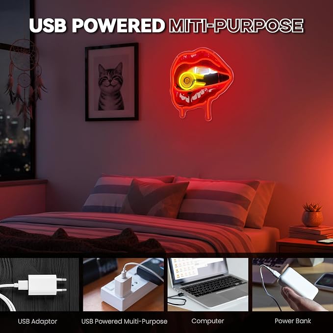Bullet Red Lips Neon Sign, Flaming Red Lips Neon Signs for Wall Decor, Dimmable Acrylic Neon Lights for Room Bedroom Hotel Club Bar Party Decorations, Perfect Gifts
