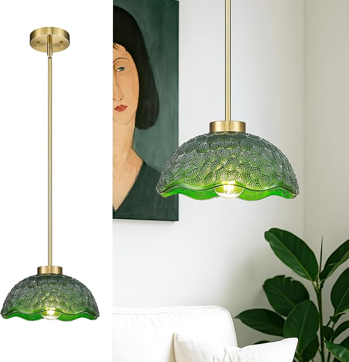 zeyu 10.4 Inch Vintage Kitchen Light Fixture, Hanging Ceiling Light Fixture, Brushed Gold Ceiling Pendant Light with Green Hammered Glass, ZJX116M1L BG G