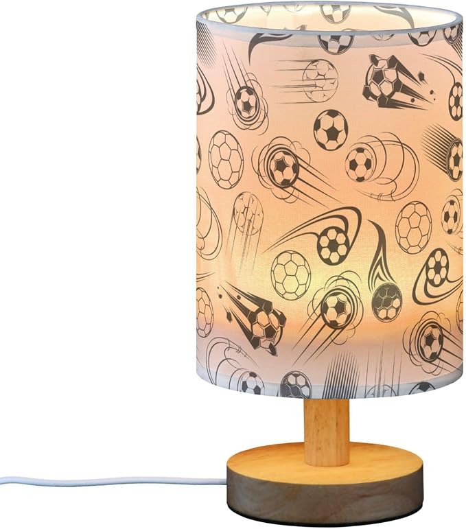 Table Lamp Black and White Soccer Ball Sport Theme American Football Pattern Nightstand Lamp with Wood Base Fabric Lamp Shade Bedside Desk Lamp for Living Room Bedroom Kids Room Office