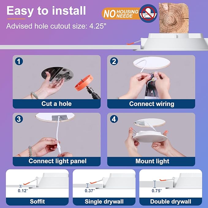 Smart Recessed Lighting 4 Inch RGBCW Color Changing 12W LED Downlight with Junction Box,1080 Lumen Recessed Ceiling Light Compatible with Alexa,Dimmable by Bluetooth Control -1Pack