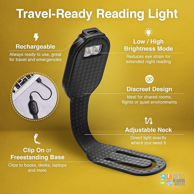 Gifts for Readers & Writers Rechargeable Book Light, Clip On Reading Light for Bed, 2in1 Flexilight & Bookmark, 12 Hours of Light Once Charged, Includes USB Cable & 2 LED Lights, Black Dots