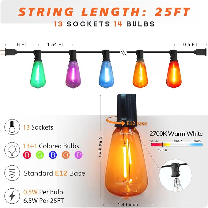 Achin Outdoor String Lights Multicolor - 25FT Colored Patio Lights Waterproof with 13+1 ST38 LED Colorful Bulbs Shatterproof Rainbow Hanging Lights for Outside Party, Christmas, Holiday