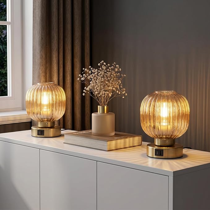 Elenhome Touch Table Lamp Set of 2, 3-Way Dimmable with Glass Shade, USB-C+A Charging Ports, Mid-Century Modern Small Bedside Lamps for Nightstand, Bedroom, and Living Room, LED Bulb Included (Amber)