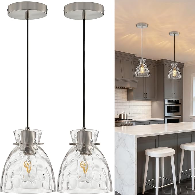 Brushed Nickel Pendant Lights Kitchen Island 2 Pack, 5.9“ Small Hammered Glass Pendant Light Fixtures, Adjustable Modern Hanging Lights Kitchen Pendant Lighting over Island Sink Bathroom Dining Room