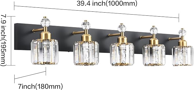 PRESDE 5-Light Crystal Bathroom Vanity Light, Modern Black and Gold Wall Sconce ， Wall Lamp for Over Mirror Bedroom Hallway