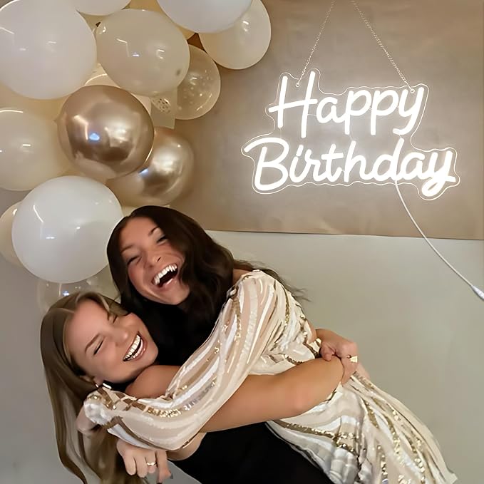 Happy Birthday Neon Sign with Dimmable, 15.5x9.7 Inch Happy Birthday LED Neon Light for Wall Decor, LED Up Light with USB Powered for All Birthday Party Decoration, Backdrop Wall (White)