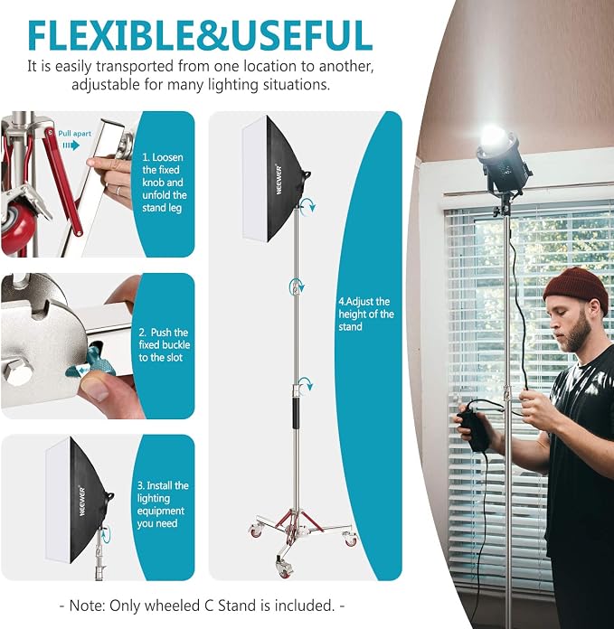 NEEWER Heavy Duty Light Stand with Casters, 100% Stainless Steel Tripod | Adjustable, Photography Wheeled Base Stand, for Studio Softbox, Monolight, Reflector, Max Height: 10ft/305cm
