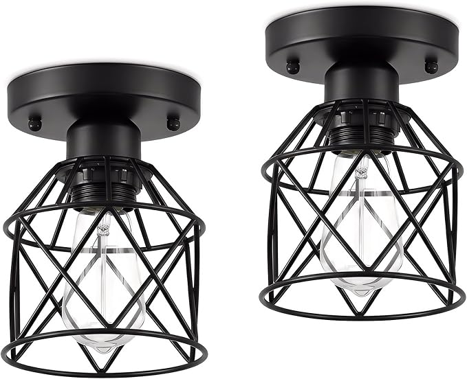 2-Pack Farmhouse Semi Flush Mount Ceiling Light Fixture, E26 Rustic Black Metal Cage Ceiling Lamp for Hallway Porch Kitchen Stairway Bedroom Entryway