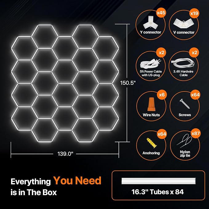 Hexagon Garage Lights: 581W 5 Grids Hexagon Led Lights 63910LM | 6500K Ultra Bright Hex Light, DIY Honeycomb Light for Garage, Shop, Basement, Barber, Homegym, Car Detailing, Studio