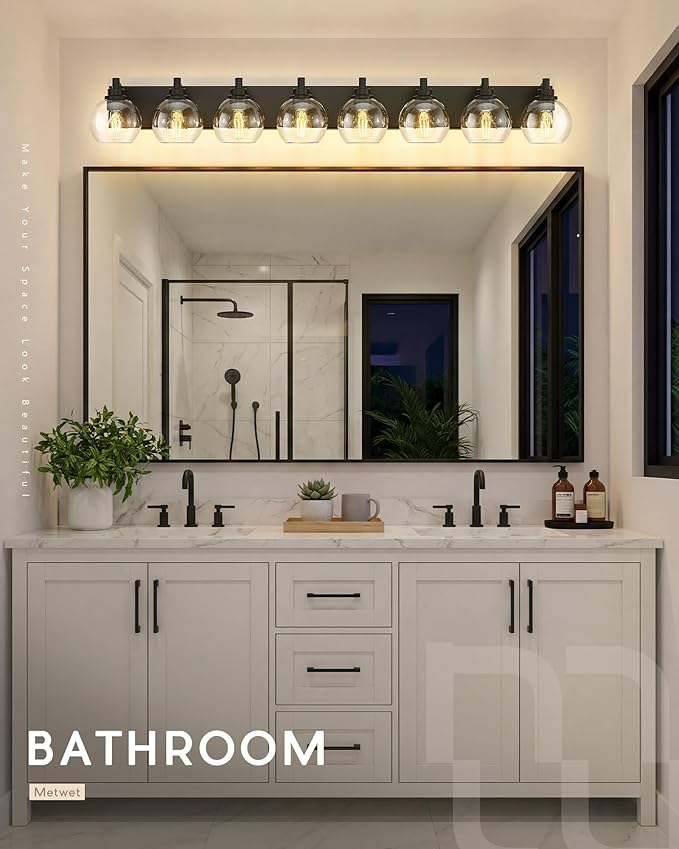 8-Light Bathroom Light Fixtures, Matte Black Vanity Light, 52 Inch Modern Wall Sconces with Globe Clear Glass Shade, Vanity Lighting Fixtures Over Mirror, VL195-MB-8
