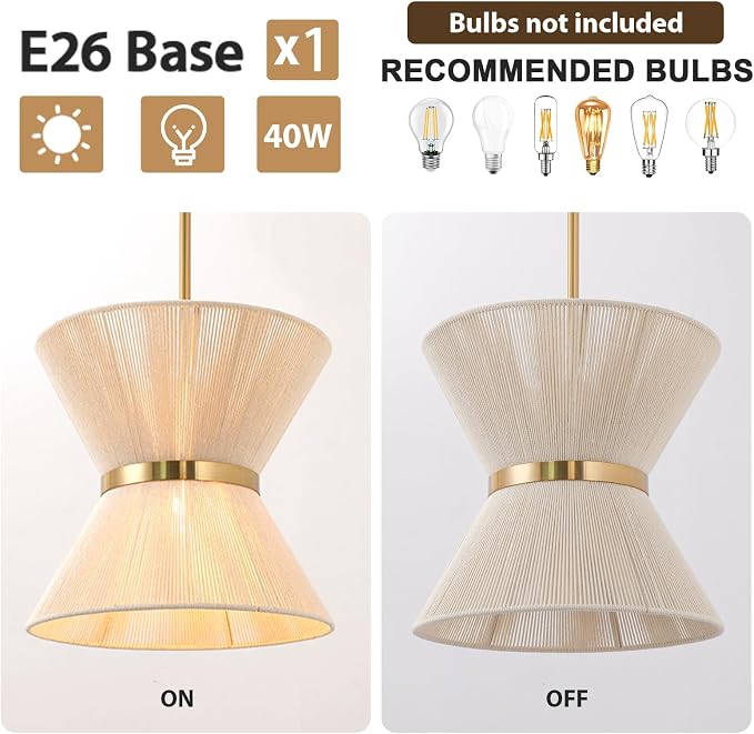 Pendant Kitchen Island Lights,12.2” Rattan Pendant Light for Dining Room | Handwoven Natural Rope Shade, Small Boho Chandelier for Kitchen Dining Room, Gold Metal Finish, Adjustable Hanging Height