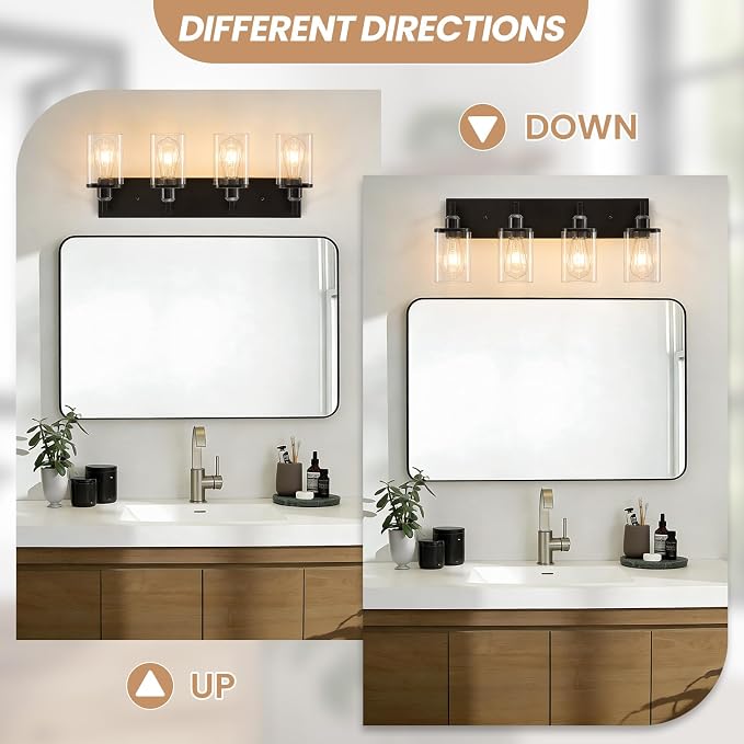 4-Light Bathroom Light Fixtures, Black Bathroom Lighting Fixtures Over Mirror with Clear Glass Square Shade, Modern Vanity Lights for Bathroom, Living Room, Hallway, Cabinet