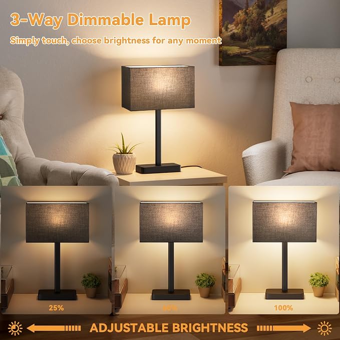 Hong-in Touch Lamps for Bedroom - 3-Way Dimmable Bedside Lamps Set of 2 with USB C+A, Black Modern Table Lamp for Night Stands, Desk Lamp for Living Room Nightstand End Tables Bed Side