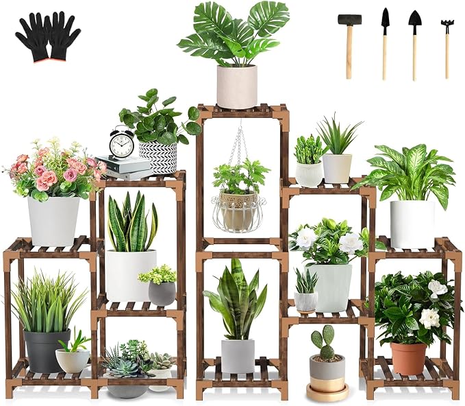 Wood Plant Stand Indoor Outdoor Corner Plant Shelf Stand, 5 Tiered 10 Potted Flower Plant Stands for Indoor Plants Multiple, Plant Shelves Stands Rack for Living Room, Patio, Balcony
