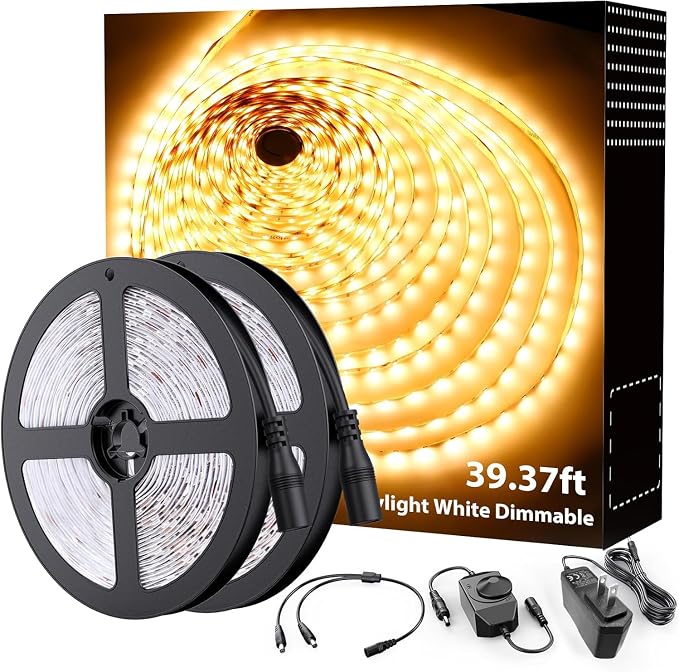 Onforu Warm White LED Strip Lighting, 39.37ft 3000K Dimmable Led Tape Light, 12m Bright 720 LEDs 2835 Flexible Ribbon Christmas Light, 12V Adhesive Rope Lights for Kitchen, Under Cabinet, Bedroom