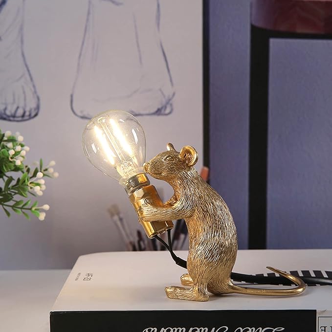 Modern Cute Art Mouse Table Lamp Children's Bedside Gift Mini Mouse Lamp LED Resin Animal Small Mice Desk Lights (Gold Sitting)
