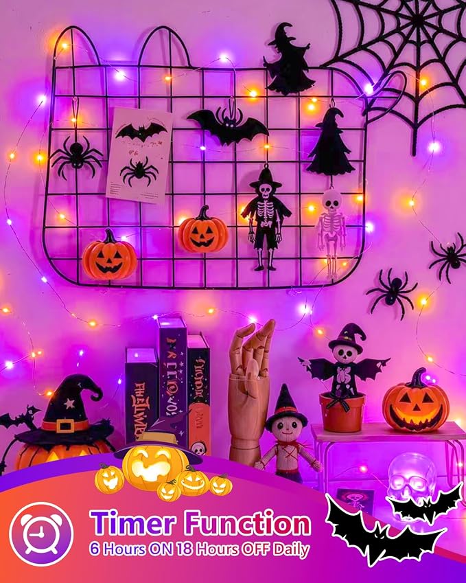 4Pack 60LED Fairy Lights Battery Operated Orange and Purple Halloween Decor | 20 FT, Halloween Lights with Timer, Cuttable Copper Wire, Waterproof Battery String Lights for Indoor Outdoor, Bedroom, Home