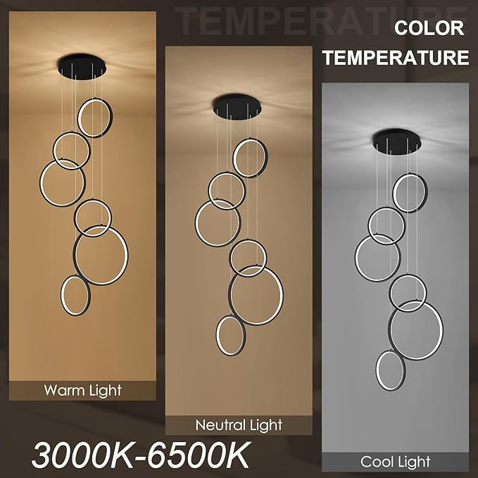 Modern LED Chandelier 6 Ring Black LED Pendant Light Adjustable Height Hanging Ceiling Light Fixture Dimmable Chandelier Ceiling Hanging for Foyer, Entryway (98.5in 3000K-6500K)