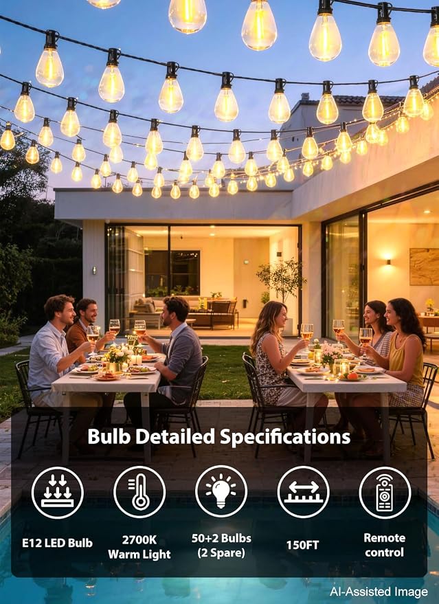 150FT Outdoor String Lights with 50+2 S11 LED Bulbs, Waterproof Dimmable Patio Lights with Remote, Shatterproof E12 Hanging Bistro Lights for Backyard, Porch, Garden, Deck Outdoor Decor